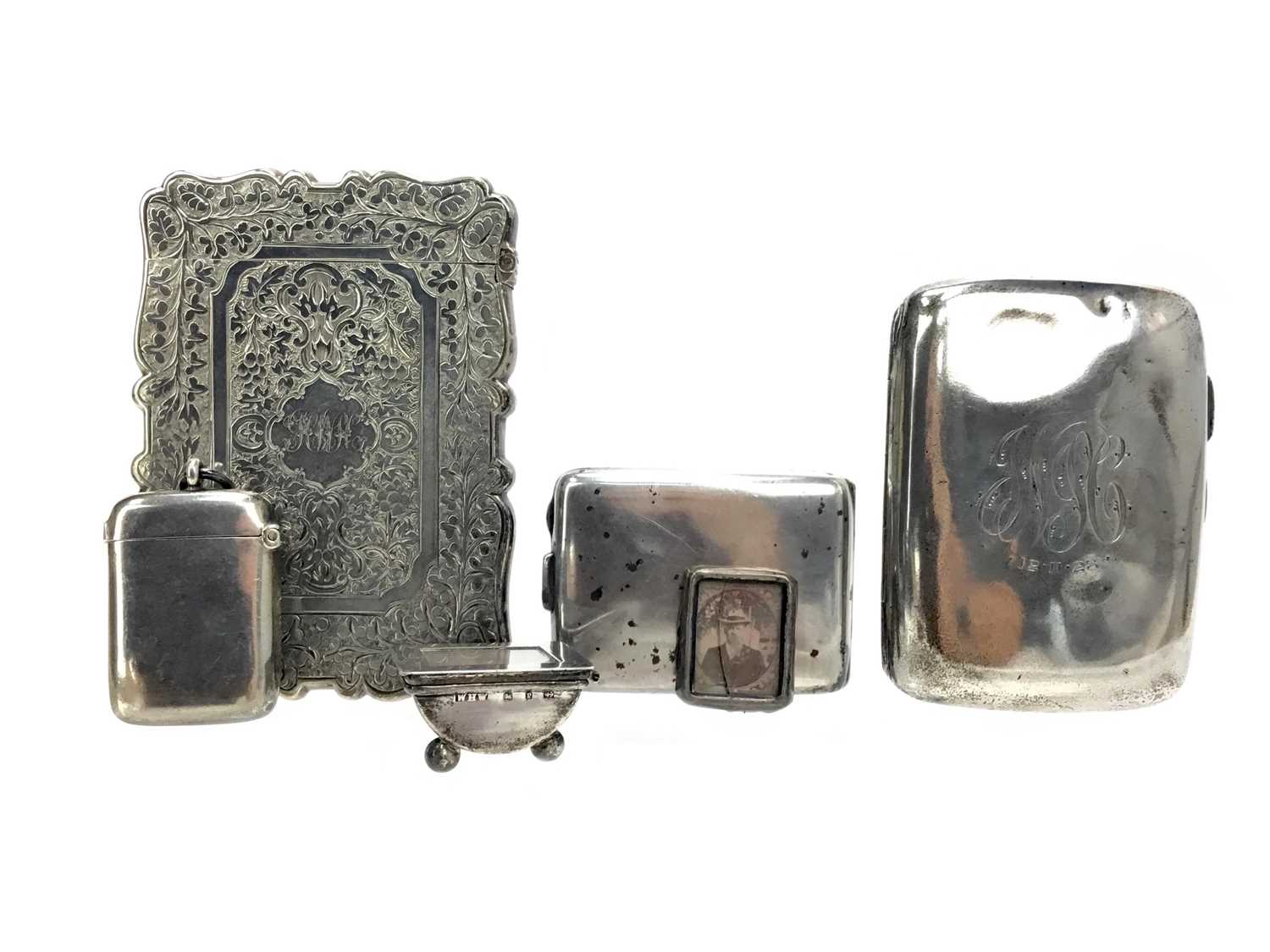 Lot 457 - A VICTORIAN SILVER CARD HOLDER ALONG WITH A CIGARETTE CASE AND OTHER ITEMS