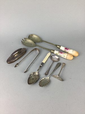 Lot 321 - A PAIR OF GEORGE III BRIGHT CUT SILVER SUGAR TONGS AND OTHER ITEMS