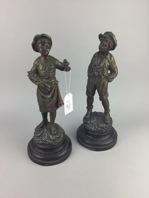 Lot 456 - A PAIR OF SPELTER SCULPTURES OF CHILDREN ALONG WITH A BOOK, SERVING SET AND A PHOTOGRAPH