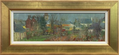 Lot 577 - BEHIND STEEPLE SQUARE, KILBARCHAN, AN OIL BY WILLIAM BIRNIE