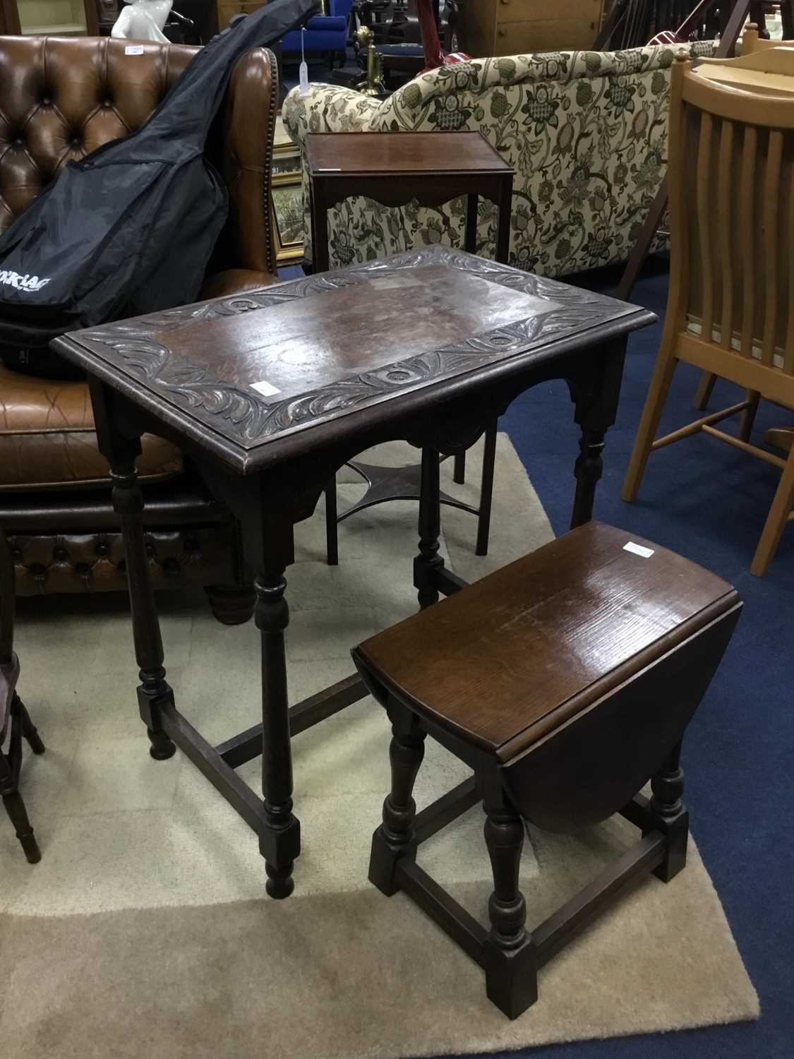 Lot 141 - A CARVED OAK OCCASIONAL TABLE AND ANOTHER TABLE