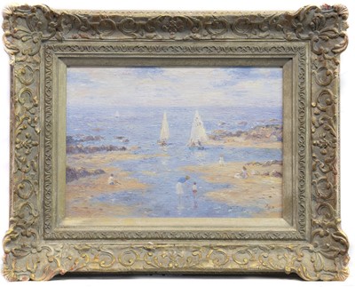 Lot 598 - YACHTS AND FIGURES IN BEACH SHALLOWS, A PAIR OF OILS BY JOHN ROSS