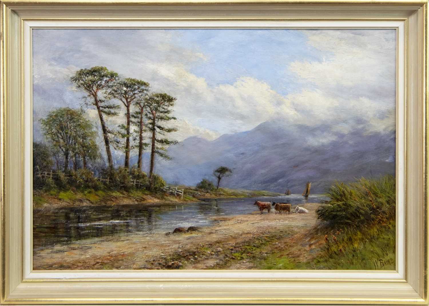 Lot 406 - HIGHLAND CATTLE IN LANDSCAPE, AN OIL BY W BAIRD