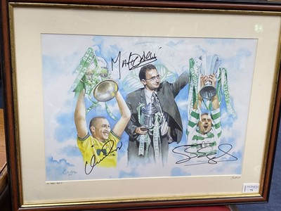 Lot 75 - A COLOUR PRINT OF THE TREBLE AUTOGRAPHED BY MARTIN O'NEILL, HENRICK, LARSSON AND TOM  BOYD