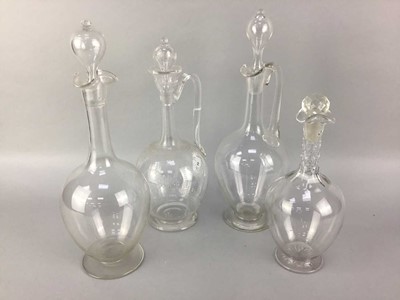 Lot 94 - A 19TH CENTURY ETCHED GLASS DECANTER AND THREE OTHERS