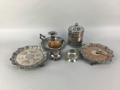 Lot 89 - A PAIR OF SILVER PLATED LIDDED JARS ALONG WITH OTHER PLATE