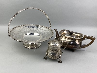 Lot 92 - A SILVER PLATED TEAPOT, CUTLERY, COMPORT AND SWEETMEAT DISHES