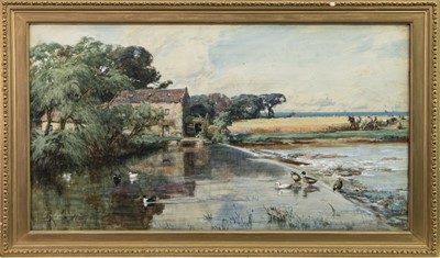 Lot 63 - FARM WORKERS AND DUCKS BY A WATER MILL, A WATERCOLOUR BY DAVID FARQUHARSON