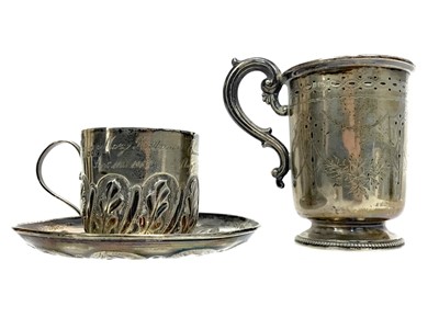 Lot 485 - A VICTORIAN SILVER CHRISTENING CUP ALONG WITH A CUP AND SAUCER