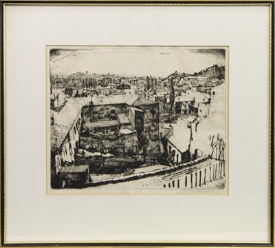 Lot 18 - VILLAGE SCENE FROM HILLTOP, AN ETCHING BY IAN FLEMING