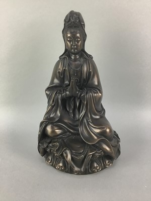 Lot 262 - A BRONZED RESIN FIGURE OF GUANYIN AND OTHER OBJECTS