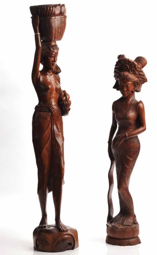 Lot 897 - TWO BALINESE CARVED WOOD FIGURES OF WOMEN each...