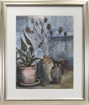 Lot 708 - STILL LIFE IN BLUE, A MIXED MEDIA BY MELVILLE BROTHERSTON