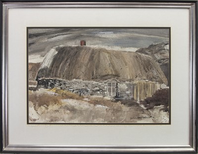 Lot 437 - THATCHED DWELLING, A MIXED MEDIA BY WILLIAM EWING MCWHIRTER