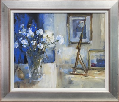 Lot 722 - CARNATIONS IN THE STUDIO, AN OIL BY MARY DAVIDSON