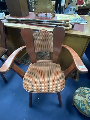 Lot 301 - AN UPHOLSTERED OAK SMOKER'S BOW ALONG WITH ANOTHER CHAIR