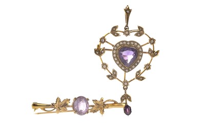 Lot 363 - A PURPLE GEM SET AND SEED PEARL HOLBEIN AND A BAR BROOCH