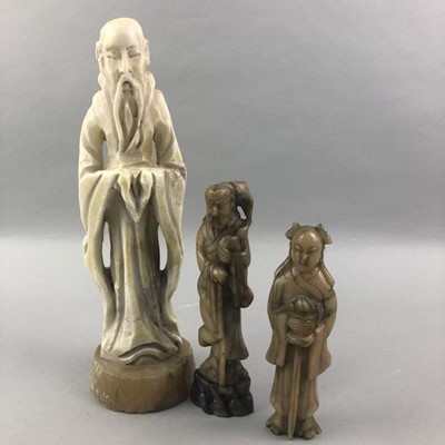 Lot 339 - A LOT OF TWO OF CHINESE SOAPSTONE FIGURES AND ANOTHER
