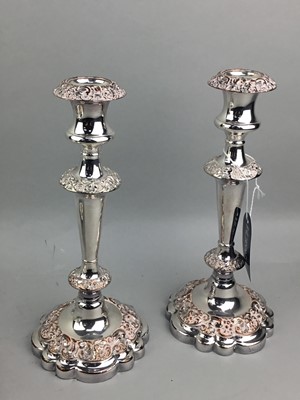 Lot 327 - A PAIR OF SILVER PLATED CANDLESTICKS AND OTHER PLATED WARES