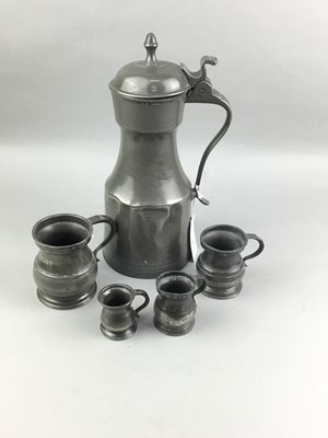 Lot 329 - A LATE 19TH CENTURY PEWTER TAPPIT HEN AND OTHER TANKARDS