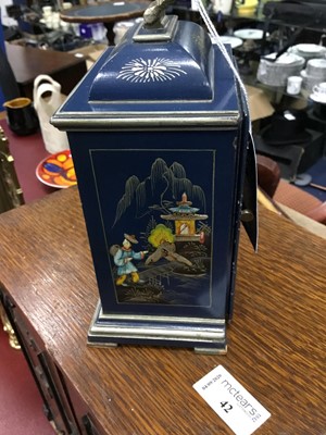 Lot 191 - A CHINOISERIE DECORATED PAGODA SHAPED MANTEL CLOCK  AND ANOTHER CLOCK