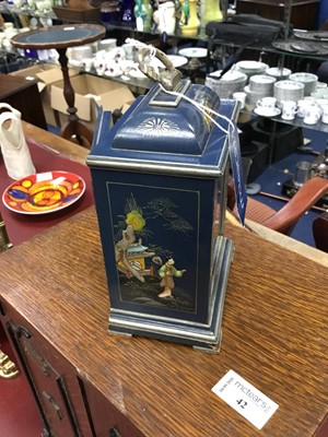 Lot 191 - A CHINOISERIE DECORATED PAGODA SHAPED MANTEL CLOCK  AND ANOTHER CLOCK