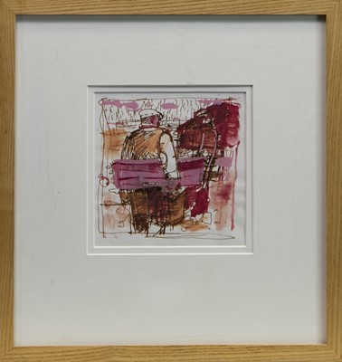 Lot 869 - MAN WITH BOAT, AN INK AND WATERCOLOUR BY JOHN BOYD