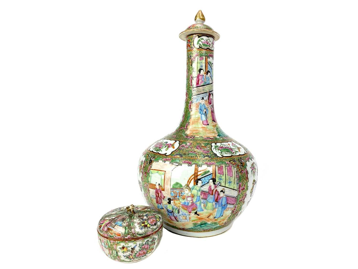 Lot 766 - A CHINESE CANTON FAMILLE ROSE BOTTLE SHAPED VASE AND A LIDDED JAR AND A FAMILLE ROSE LIDDED JAR