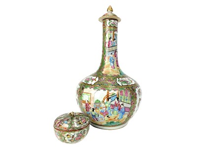 Lot 766 - A CHINESE CANTON FAMILLE ROSE BOTTLE SHAPED VASE AND A LIDDED JAR AND A FAMILLE ROSE LIDDED JAR