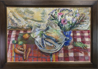 Lot 753 - STILL LIFE WITH FLOWERS, FISH AND VEGETABLES, AN INK AND WASH WITH PASTEL BY CAROL MOORE