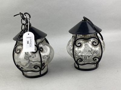 Lot 388 - THREE GLASS CEILING LIGHT SHADES, CLOCK AND CERAMICS