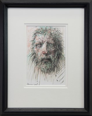 Lot 897 - CHRIST HEAD STUDY, A MIXED MEDIA BY PETER HOWSON