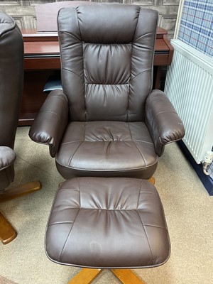 Lot 414 - A LOT OF TWO BROWN LEATHER ARMCHAIRS WITH FOOTSTOOLS