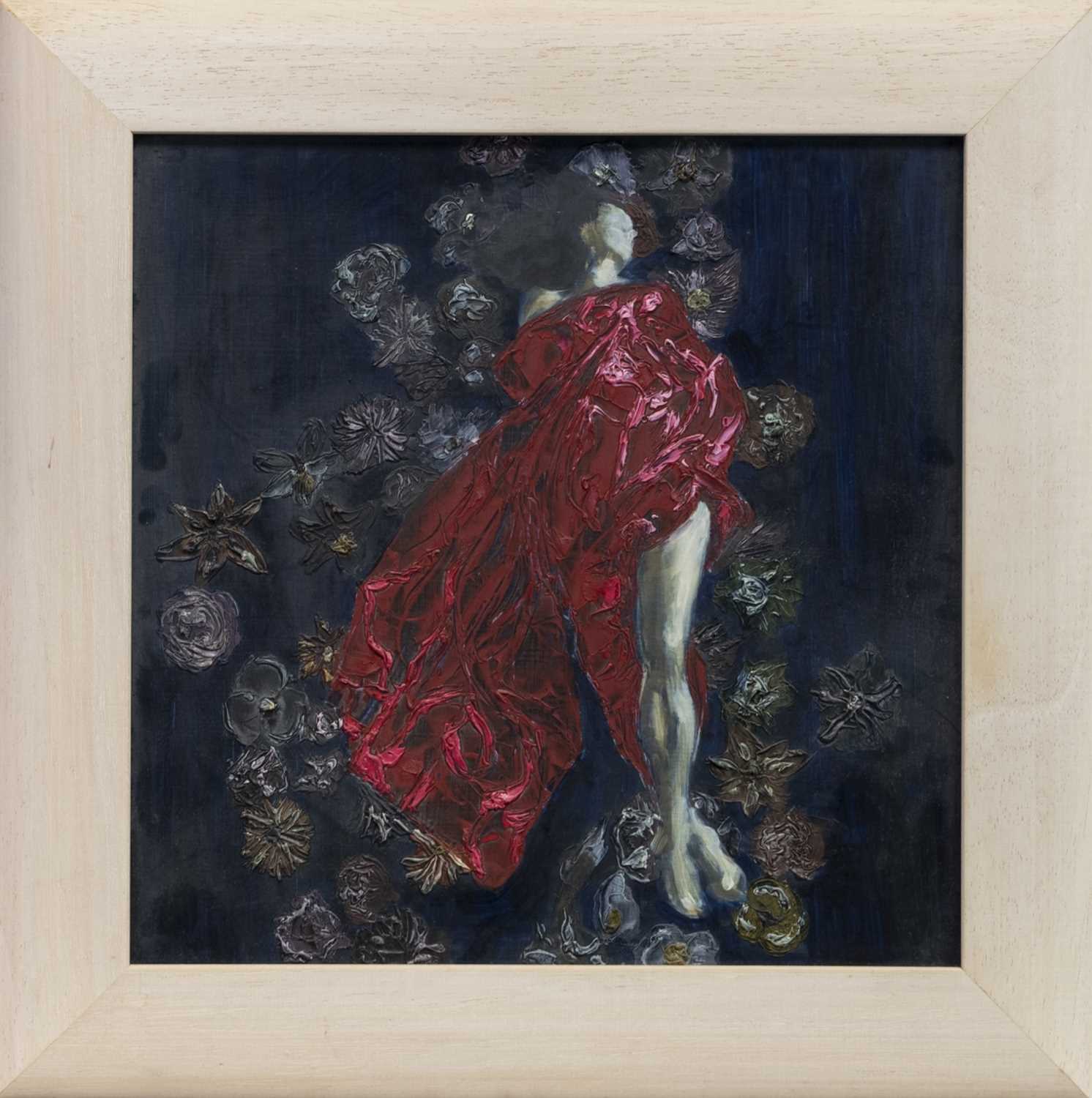 Lot 124 - STUDY OF A LADY IN RED, AN OIL BY GRAEME SHARP