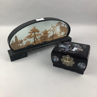 Lot 401 - A JAPANESE LACQUERED JEWELLERY BOX AND A CORK FRIEZE
