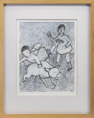 Lot 888 - CHILDREN WITH PIG, A MIXED MEDIA BY CATRIONA MILLAR
