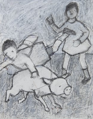 Lot 888 - CHILDREN WITH PIG, A MIXED MEDIA BY CATRIONA MILLAR