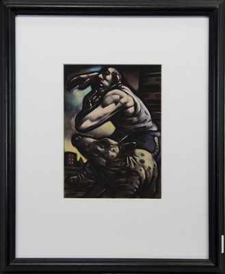 Lot 887 - MAN AND DOG, A PASTEL BY PETER HOWSON