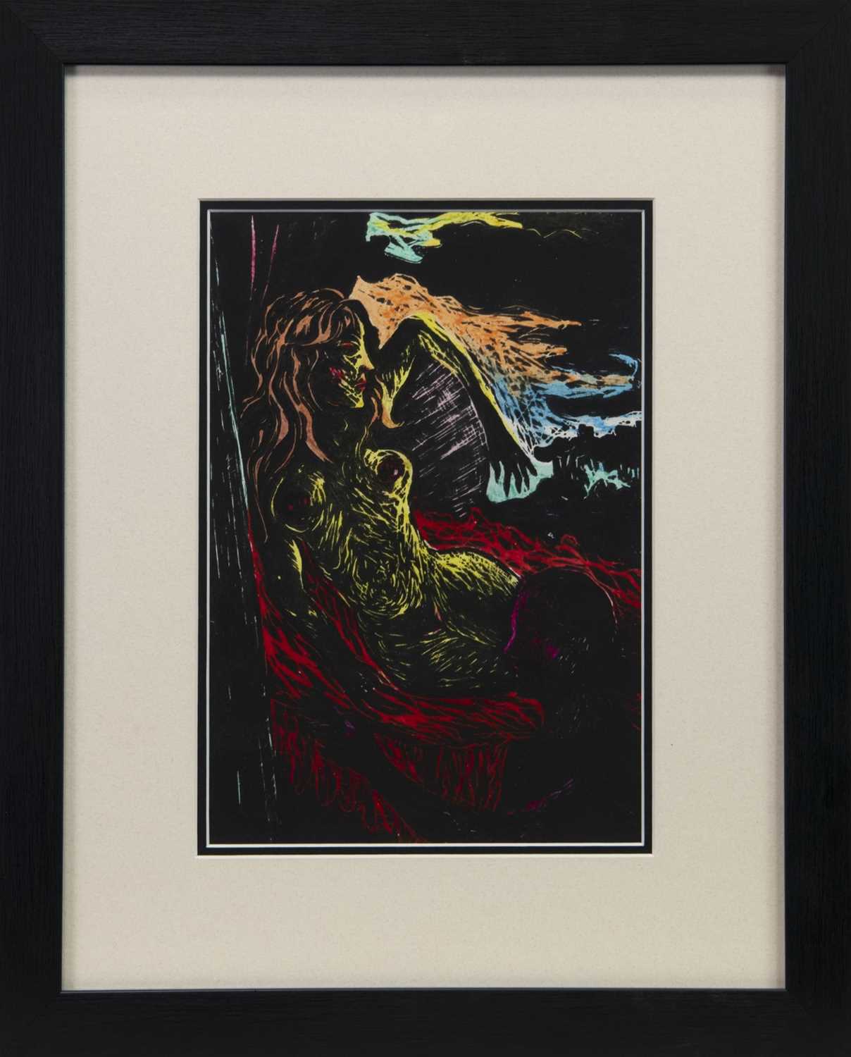 Lot 110 - ARTIST AND MODEL, A LINOCUT BY JOSEPH URIE