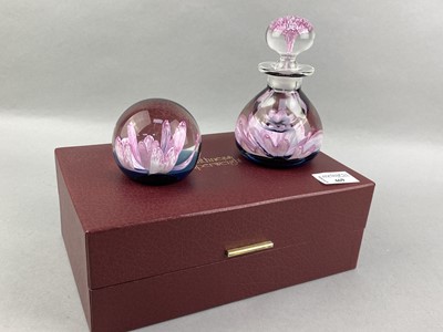 Lot 469 - A CAITHNESS 'LILAC TIME' BOTTLE WITH STOPPER AND PAPERWEIGHT SET