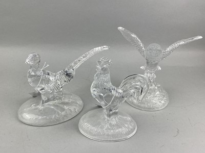Lot 477 - A PAIR OF GLASS CANDLESTICKS AND THREE GLASS BIRDS