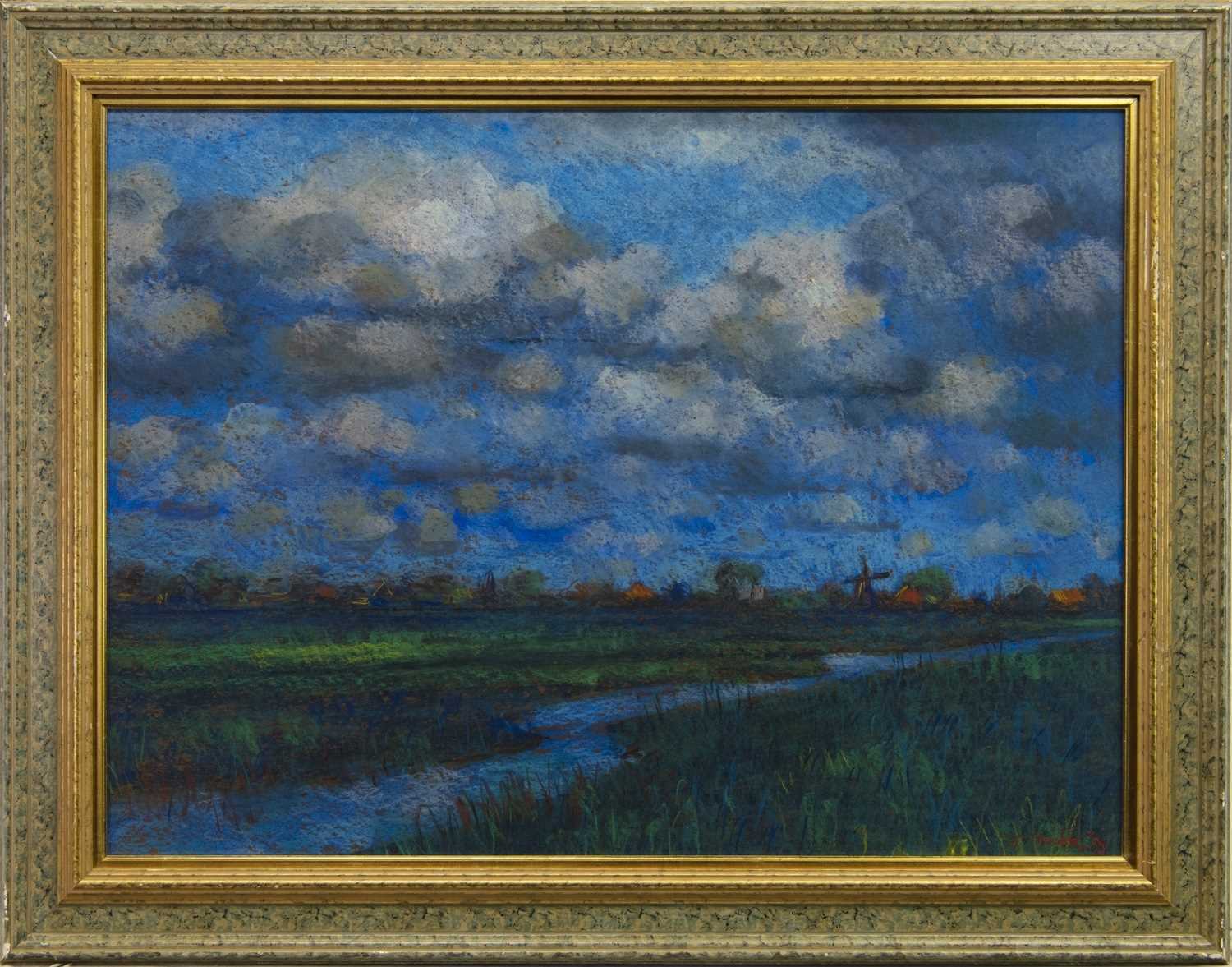 Lot 860 - BLUE AND GREEN LANDSCAPE, A PASTEL BY JOHN MACKIE