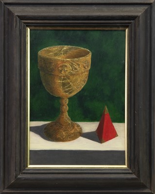 Lot 782 - CHALICE AND PYRAMID, AN OIL BY CHRISTOPHER MCELHINNEY