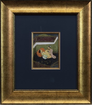 Lot 21 - EROTIC SCENE, AN INDIAN WATERCOLOUR AND GOUACHE