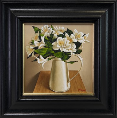 Lot 811 - WHITE FLOWERS IN A WHITE TIN JUG, AN OIL BY GRAHAM MCKEAN