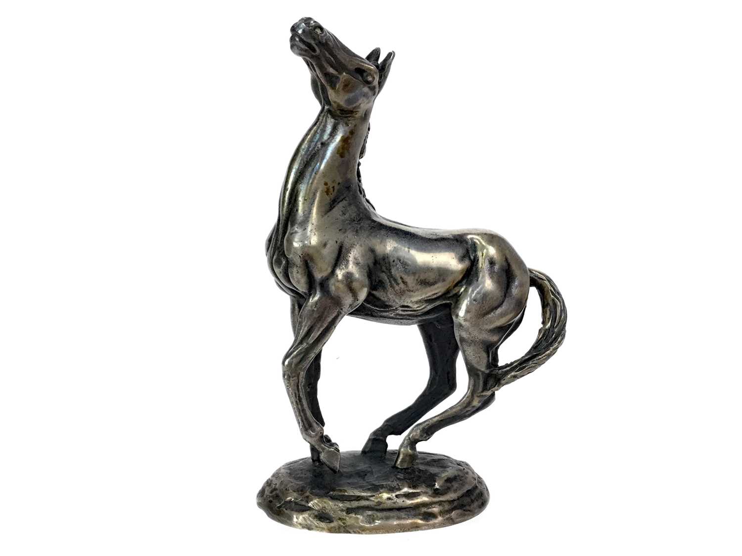 Lot 495 - 'PLAYING UP' - A SOLID SILVER FIGURE OF A STALLION
