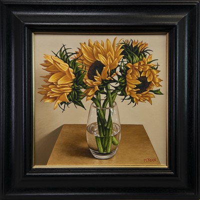 Lot 813 - SUNFLOWERS IN A GLASS VASE, AN OIL BY GRAHAM MCKEAN