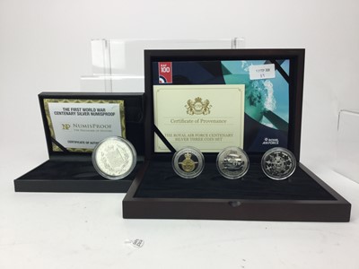 Lot 89 - A SILVER ROYAL AIR FORCE THREE COIN SET AND A FIRST WORLD WAR CENTENARY SILVER NUMISPROOF