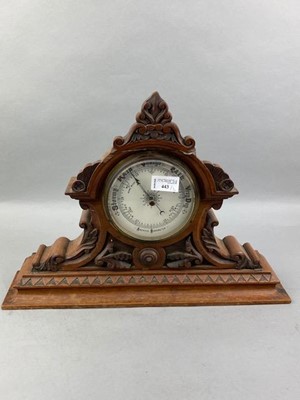 Lot 443 - A LATE VICTORIAN OAK BAROMETER AND A MANTEL CLOCK