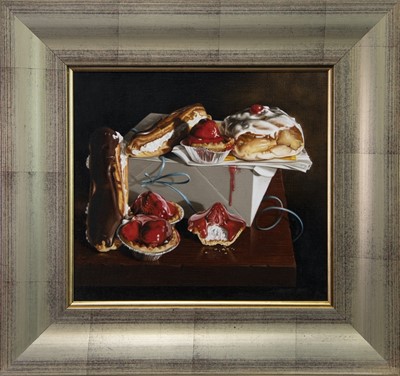 Lot 866 - STILL LIFE WITH PASTRIES, AN OIL BY SCOTT WAUGH